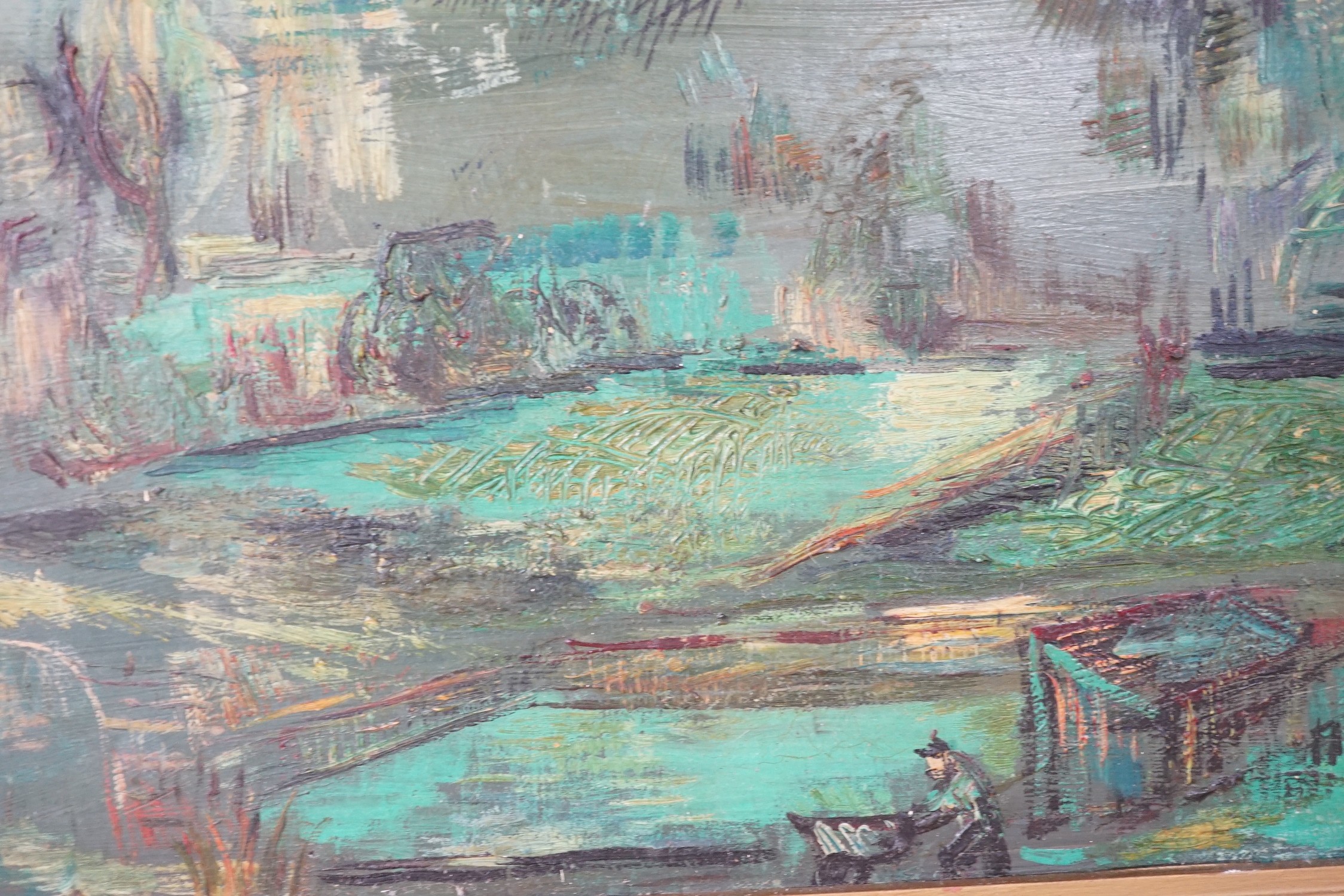 Pinder, oil on board, Figures in a parkland, signed, 30 x 60cm
